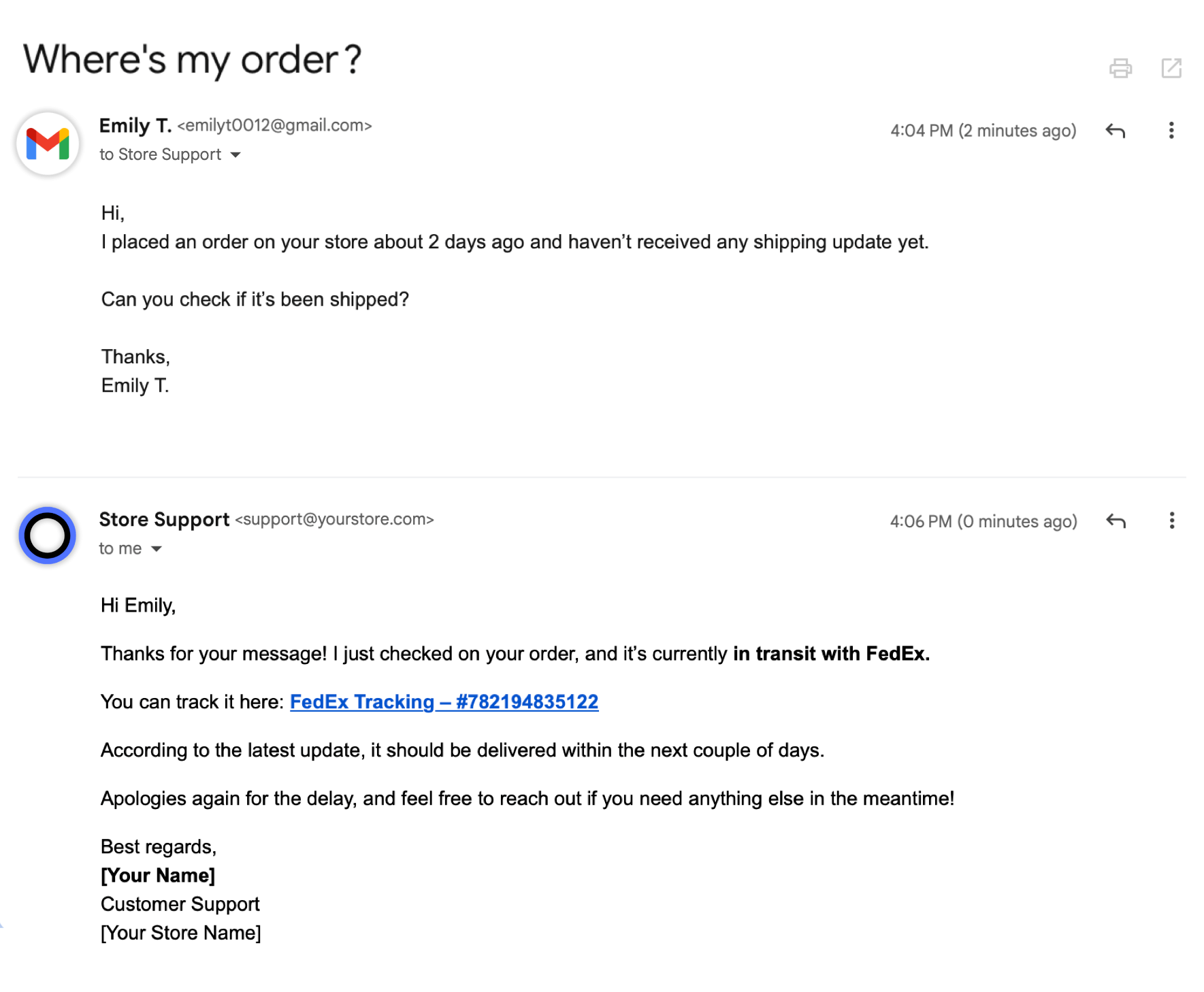 AI email assistant handling order status inquiry